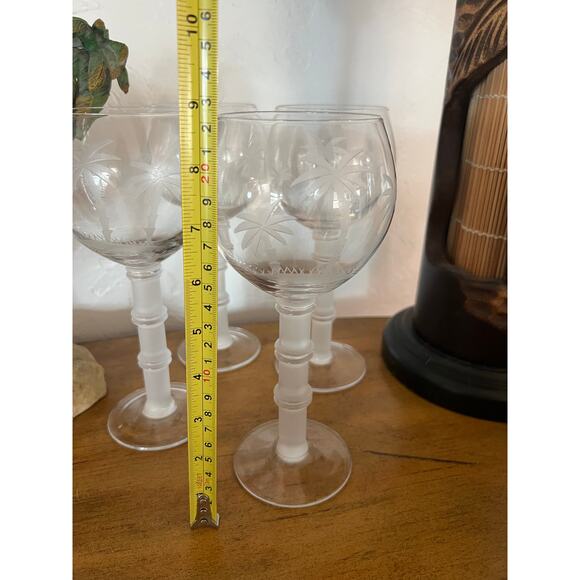 Wells Hand Blown Wine Glasses Set of 4 Etched Palm Trees Frosted Bamboo Stem - Picture 7 of 7